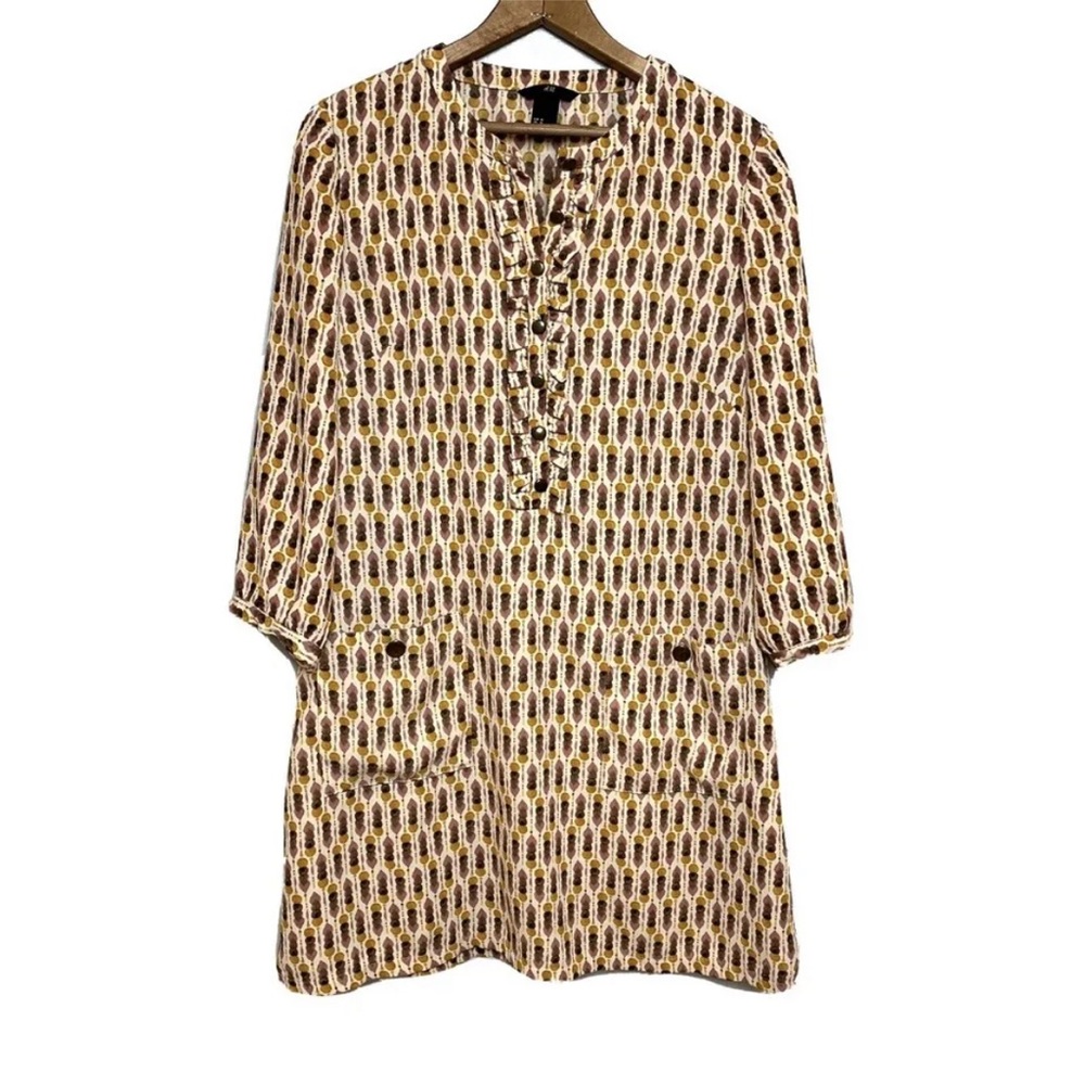 🔴 H&M Mini Dress Gold Mauve Print Ruffle 3/4 Sleeves Pockets Buttons Sz 12